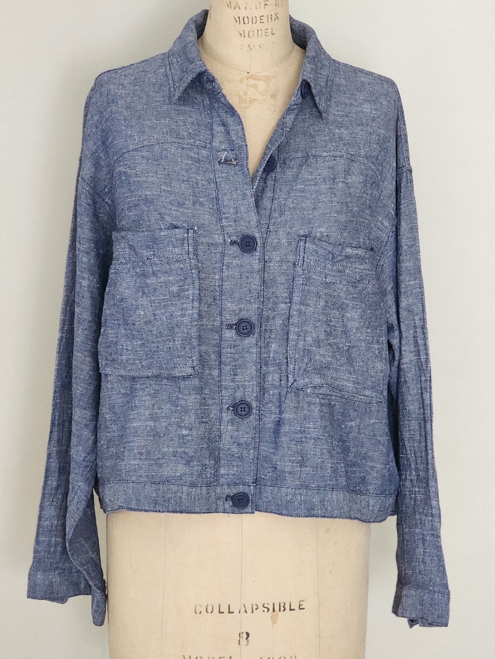 Max Studio Chambray Button-Front Linen Jacket in Blue